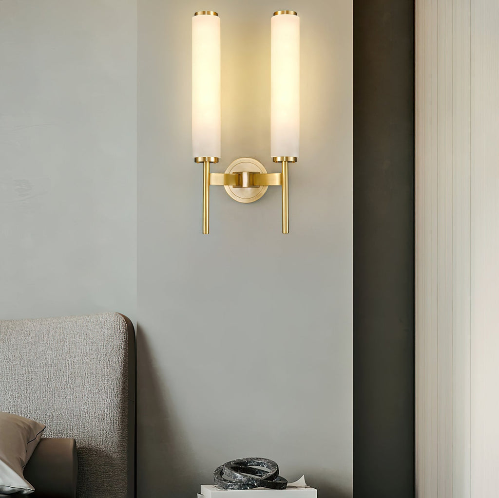 Antique Brass Alabaster LED Wall Light / W 9.6″ x H 18.9″ / W 24.5cm x H 48cm Set of 2 / Brass & White / Warm Light