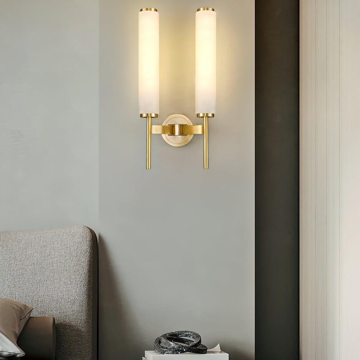 Antique Brass Alabaster LED Wall Light / W 9.6″ x H 18.9″ / W 24.5cm x H 48cm Set of 2 / Brass & White / Warm Light