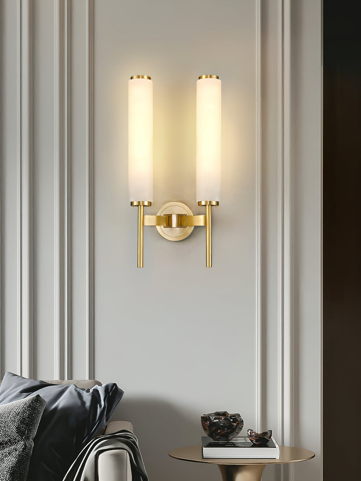 Antique Brass Alabaster LED Wall Light / W 4.7″ x H 18.9″ / W 12cm x H 48cm Set of 2 / Brass & White / Cool Light
