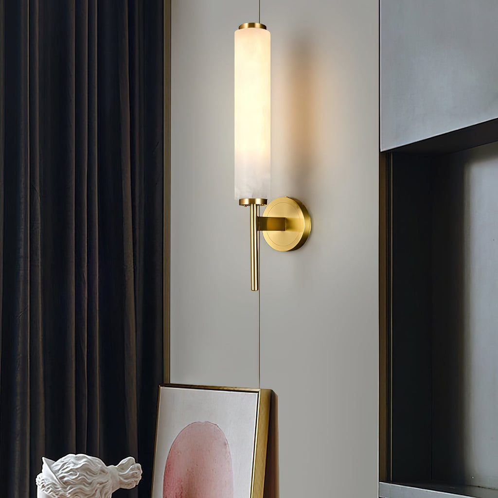 Antique Brass Alabaster LED Wall Light / W 9.6″ x H 18.9″ / W 24.5cm x H 48cm / Brass & White / Warm Light