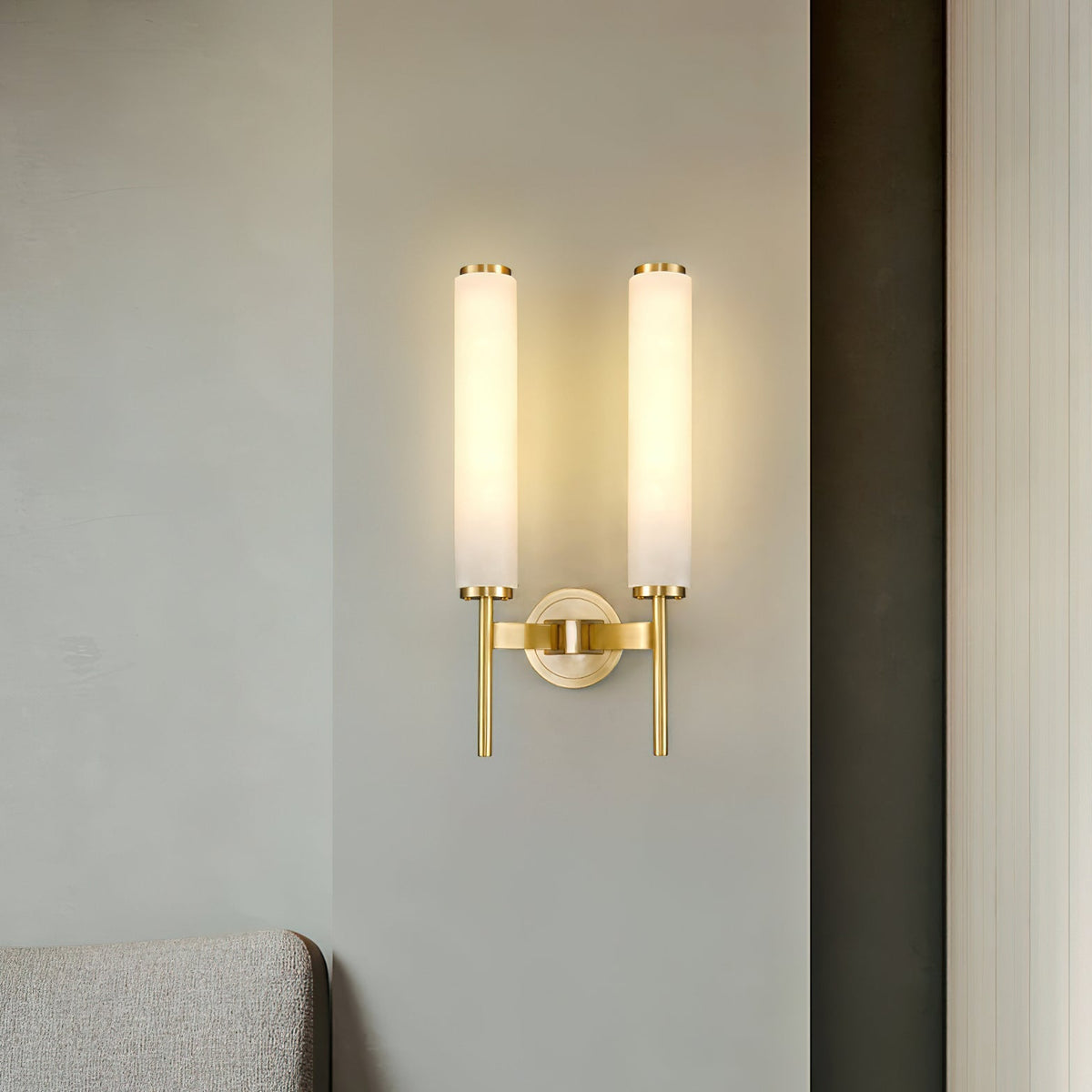 Antique Brass Alabaster LED Wall Light / W 4.7″ x H 18.9″ / W 12cm x H 48cm Set of 2 / Brass & White / Warm Light